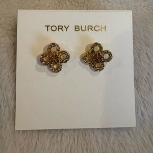 Tory Burch Gold Floral Clover Stud Earrings with stones